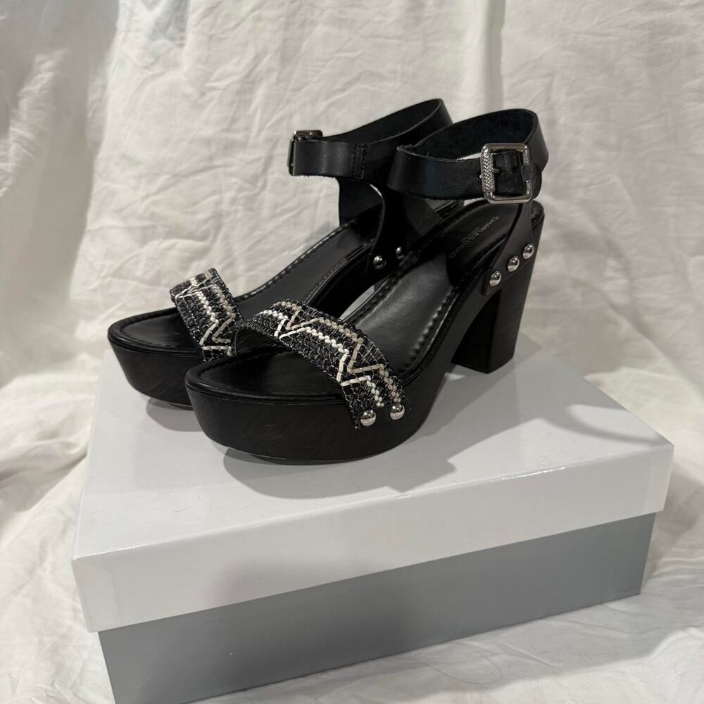 Charles David Cola Woven Chunky Platform Sandals Y2K Retro Black 9 Silver Studs